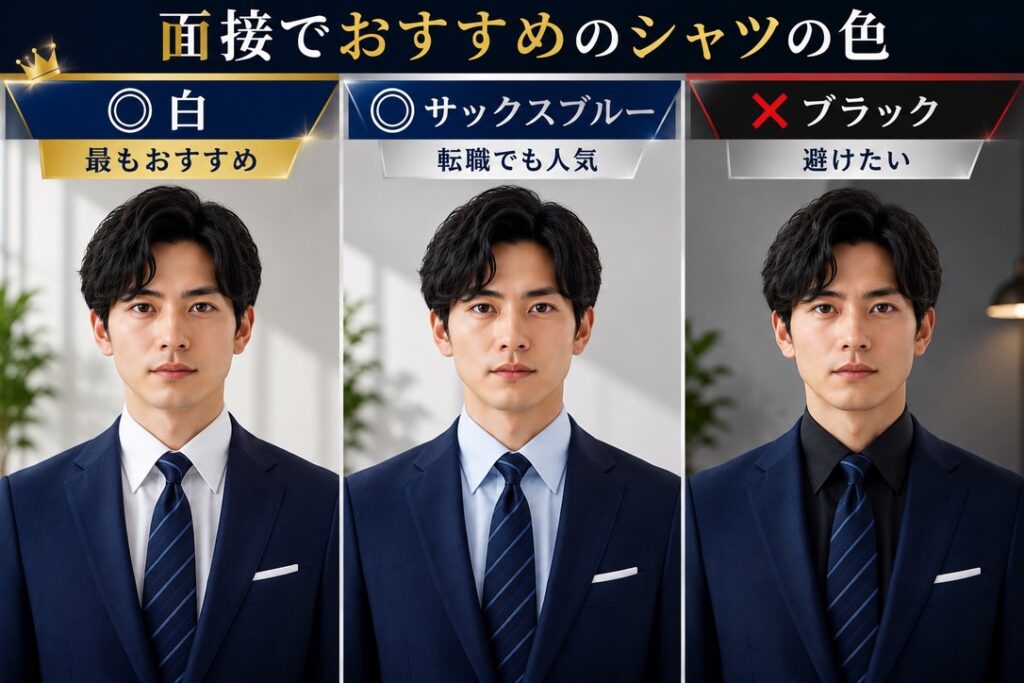 【面接シャツ色比較画像】
⭕ 白
⭕ サックスブルー
❌ ブラック