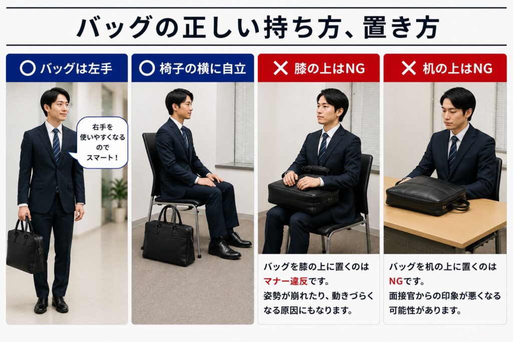 【面接差し込み画像】
タイトル：バッグの正しい持ち方、置き方
⭕️左手で持つ
⭕ 椅子の横に自立
❌ 膝の上
❌ 机の上