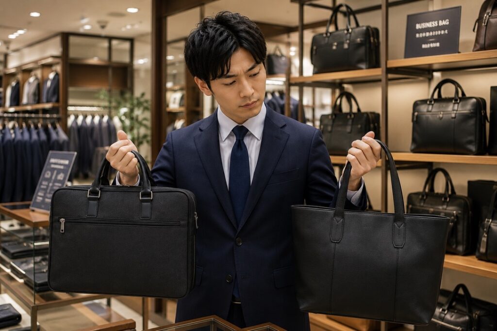 【イメージ画像】
バッグ売場で面接用バッグを選んでいる男性