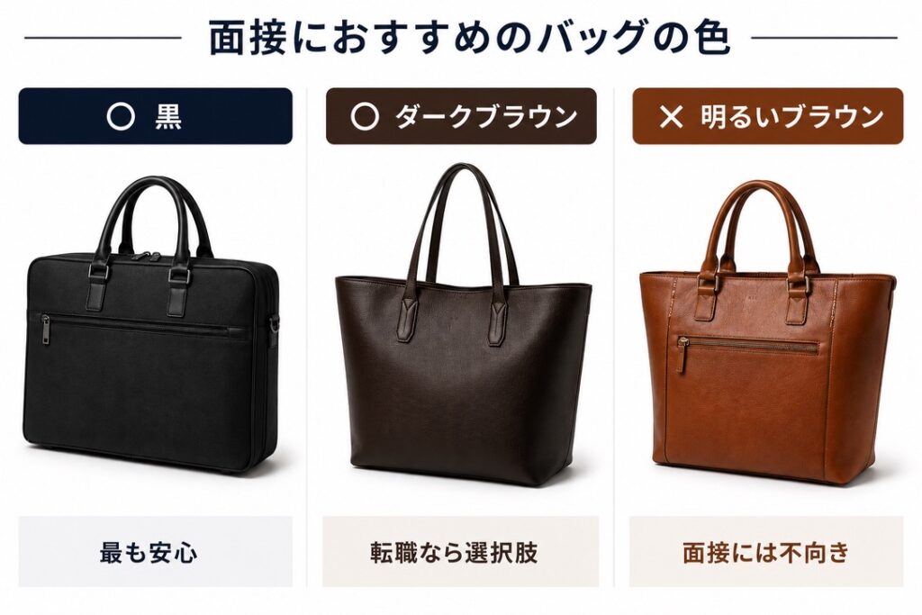 【面接バッグ色比較画像】
⭕ 黒
⭕ ダークブラウン
❌ 明るいブラウン