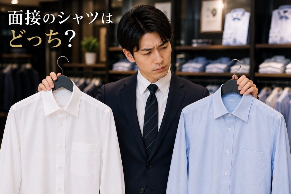 【イメージ画像】
シャツ売場で面接用シャツを選んでいる男性