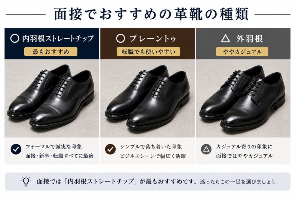 【面接向き革靴種類比較画像】
⭕ 黒 内羽根ストレートチップ
⭕ 黒 プレーントゥ
△ 外羽根プレーントゥ
