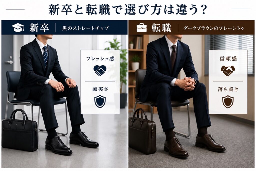 【新卒・転職比較画像】
👨‍🎓 新卒：黒 内羽根ストレートチップ
👨‍💼 転職：ダークブラウン プレーントゥ