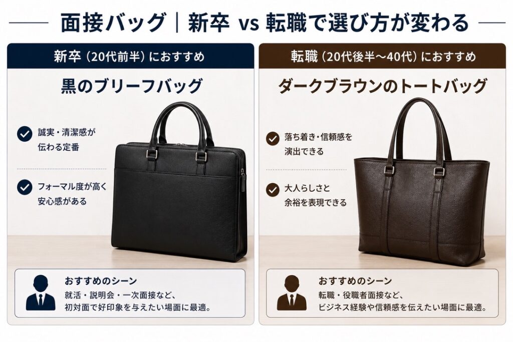【新卒・転職面接比較画像】
👨‍🎓 新卒：黒ブリーフケース
👨‍💼 転職：ダークブラウンレザートート