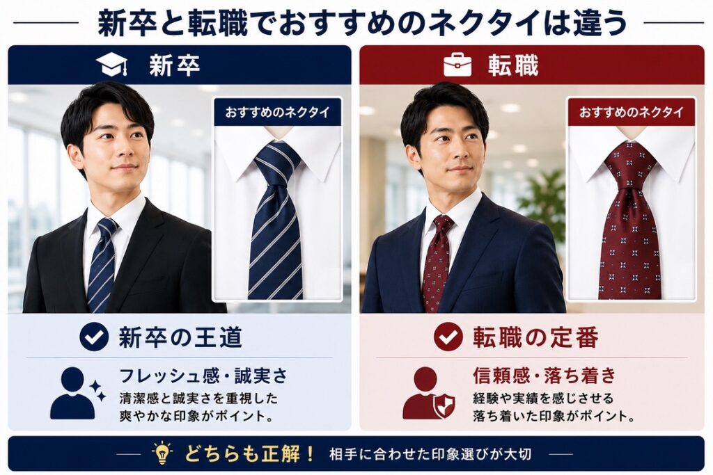 【面接ネクタイ新卒・転職比較画像】
20代前半：ブラックスーツ＋ネイビー細ストライプ
30代：ネイビースーツ＋ボルドー小紋柄