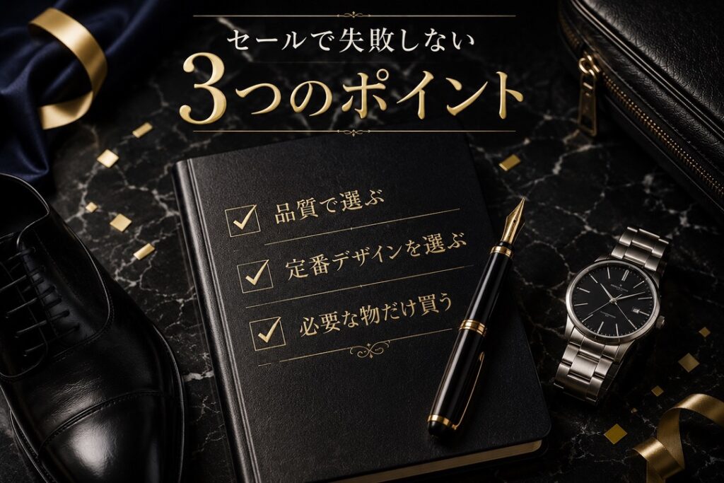 【画像：失敗しない選び方チェックリスト】セールで買うべきビジネスアイテム　3つのポイント
