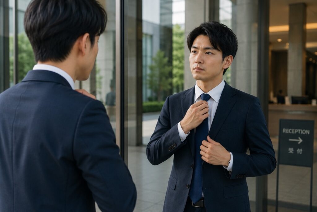 【導入イメージ画像】
面接会場前でネクタイを確認している男性　スーツに合うネクタイ　面接用