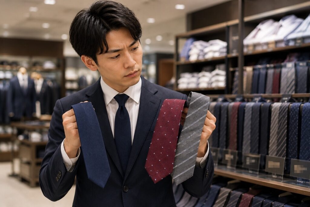 【イメージ画像】
売場で面接用のネクタイを選んでいる20代男性