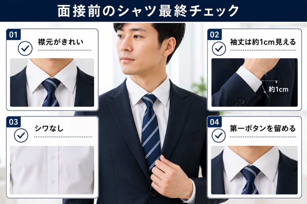 【差し込み画像】
タイトル：面接前のシャツ最終チェック
・襟元がきれい
・袖丈は約1cm見える
・シワなし
・第一ボタンを留める