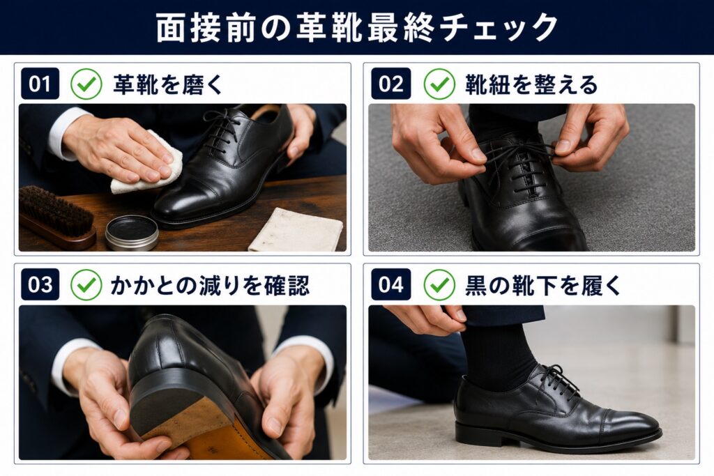 【差し込み画像】
タイトル：面接前の革靴最終チェック
・革靴を磨く
・靴紐を整える
・かかとの減りを確認
・黒の靴下を履く