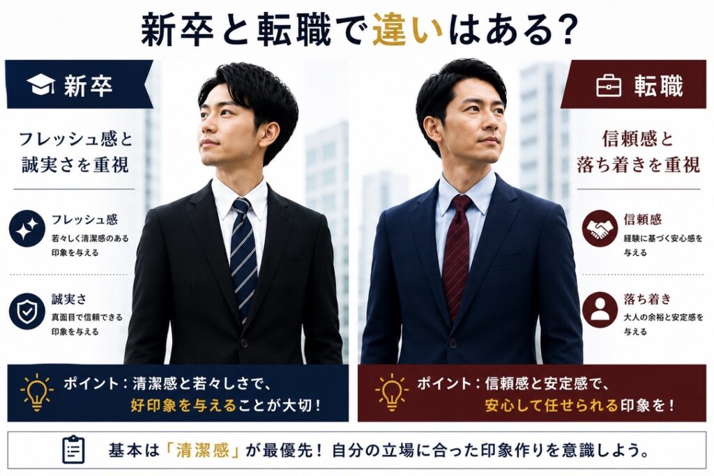 【新卒・転職比較画像】
👨‍🎓 新卒：白無地シャツ
👨‍💼 転職：サックスブルーシャツ
