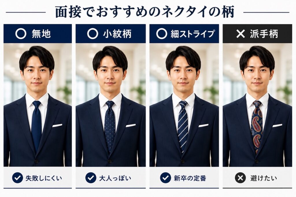 【面接用ネクタイ柄比較画像】
⭕ 無地
⭕ 小紋柄
⭕ 細ストライプ
❌ 派手柄