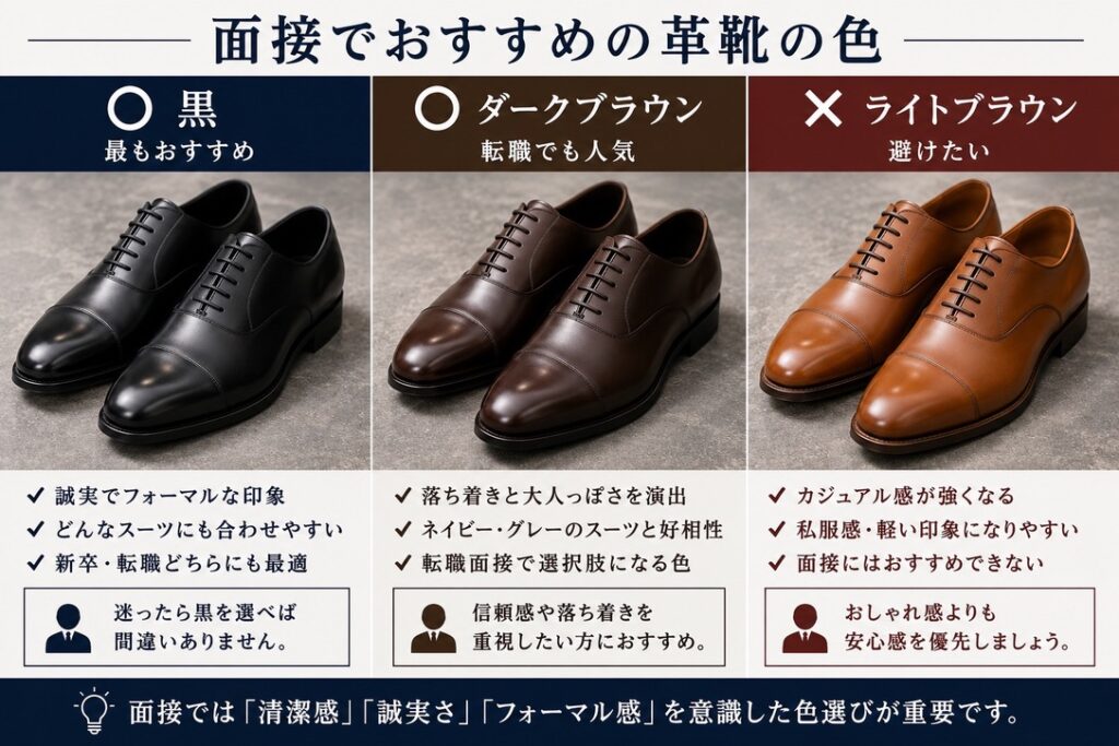 【面接革靴色比較画像】
⭕ 黒
⭕ ダークブラウン
❌ ライトブラウン