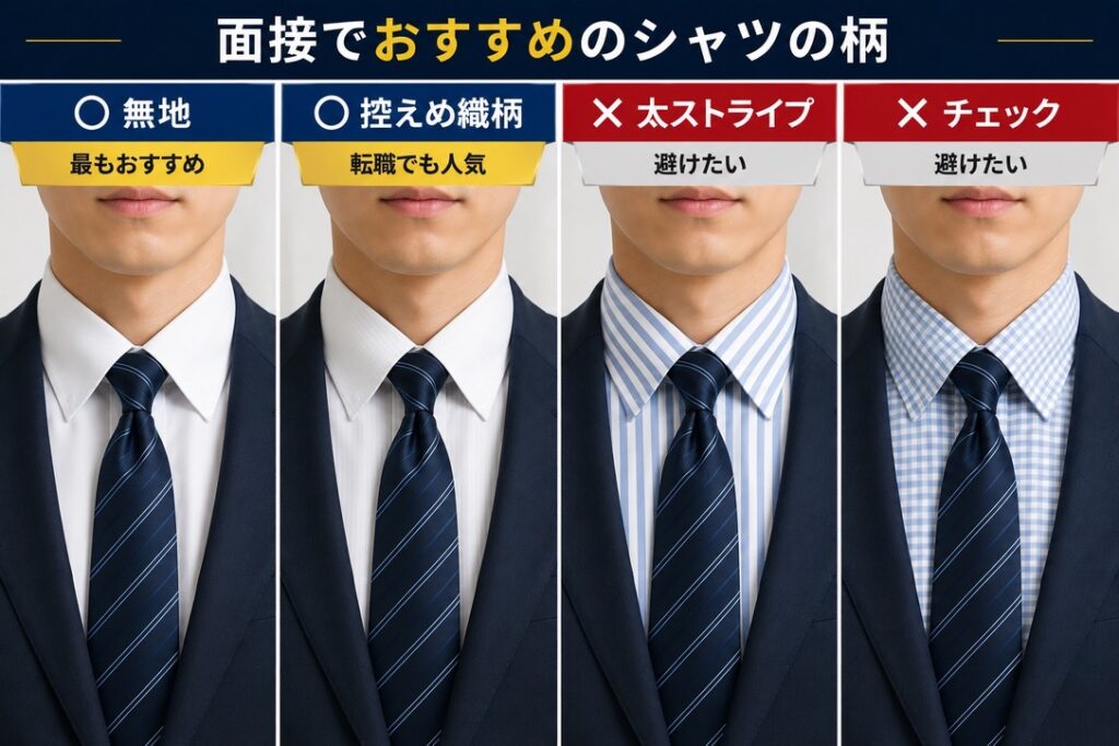 【面接シャツ柄比較画像】
⭕ 無地
⭕ 控えめ織柄
❌ 太ストライプ
❌ チェック