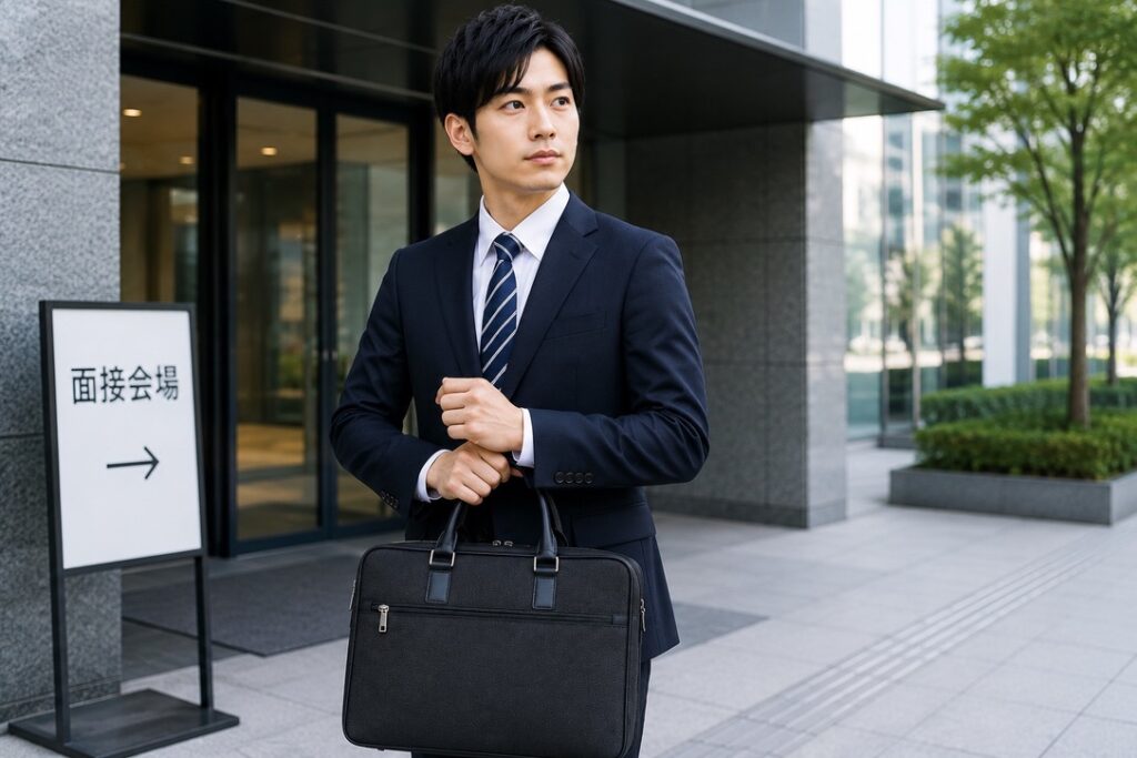 【導入イメージ画像】
面接会場前でバッグを持ち直す男性