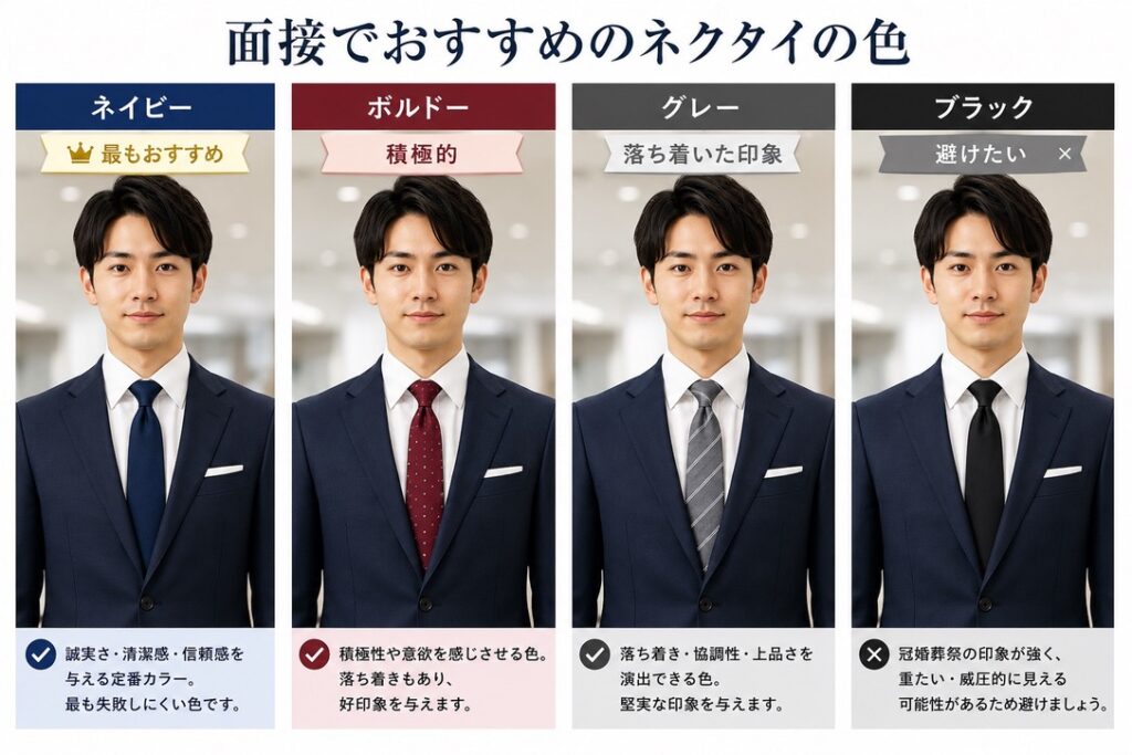 【面接用ネクタイ色比較画像】
⭕ ネイビー
⭕ ボルドー
⭕ グレー
❌ ブラック